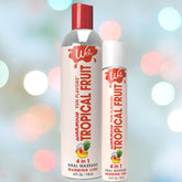 Two bottles of Wet's "Tropical Explosion" Warming Lubricant are positioned against a blurred colorful background. The larger bottle is topped with a red cap, while the smaller one complements it perfectly. Both bottles showcase vibrant fruit graphics on white labels, enriching the sensory experience with every use.